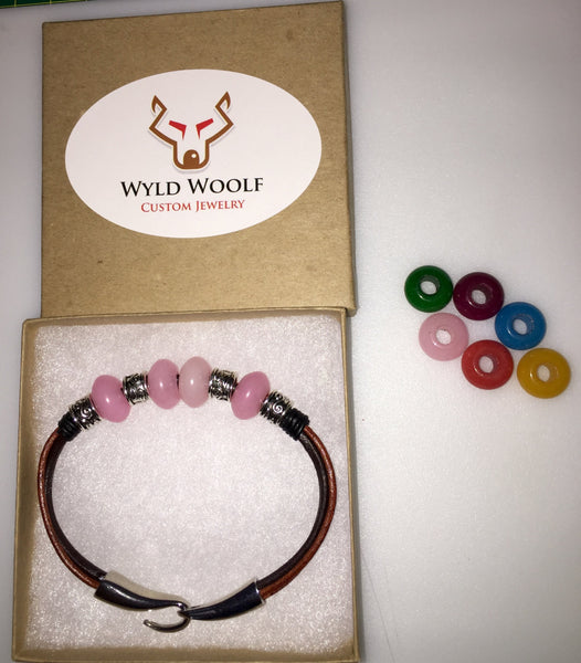 Pink jade and leather cord bracelet, handmade in the USA