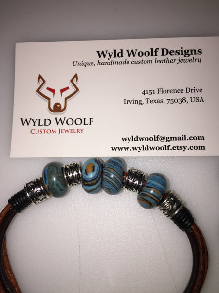 Handmade leather and blue Malachite cord bracelet