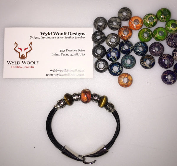 Handmade leather bracelet with Tiger's eye and orange marble gemstone beads