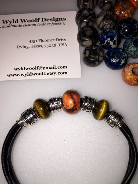 Handmade leather bracelet with Tiger's eye and orange marble gemstone beads