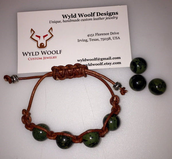 Shambala bracelet, brown leather, African kambaba Jasper, leather bracelet, green gemstone