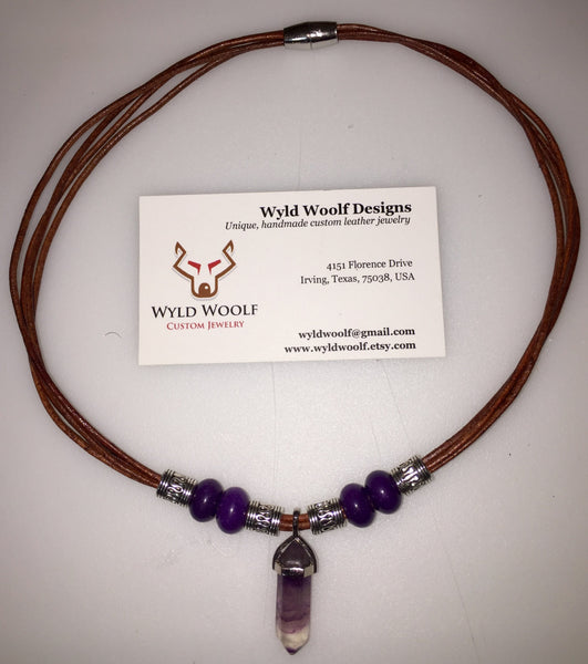 Brown leather choker, Amethyst necklace, purple Chalcedony, beaded necklace