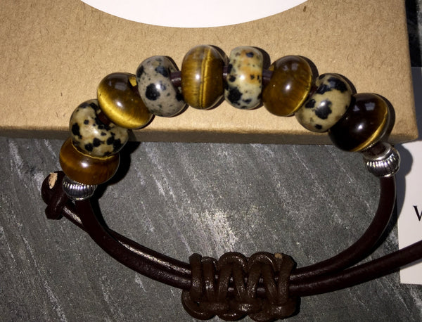 Shambala style leather bracelet, Tiger's Eye, Leopard Jasper natural gemstones