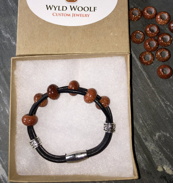 Corded leather bracelet, red Goldstone, semi precious gemstone beads, beautiful unique bracelet