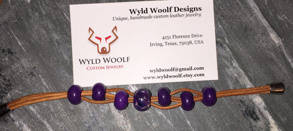 Purple haze Leather bracelet, beautiful chalcedony beads, marble center bead, unique leather bracelet, beautiful striking purple