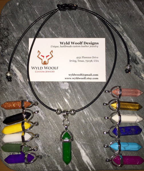 Leather cord Shambala style necklace, adjustable with gemstone crystal pendant