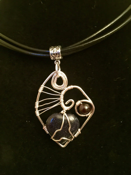 Choker necklace, leather cord, heart design pendant, wire wrapped, with gemstone adornments