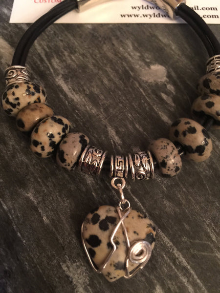 Leopard Jasper Bracelet, black leather, heart charm, cord leather