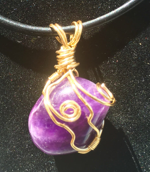 Gemstone pendant, Amethyst, hand wire wrapped, on simple leather necklace