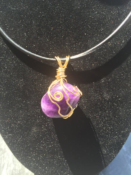 Gemstone pendant, Amethyst, hand wire wrapped, on simple leather necklace