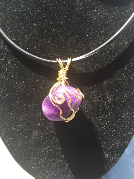 Gemstone pendant, Amethyst, hand wire wrapped, on simple leather necklace