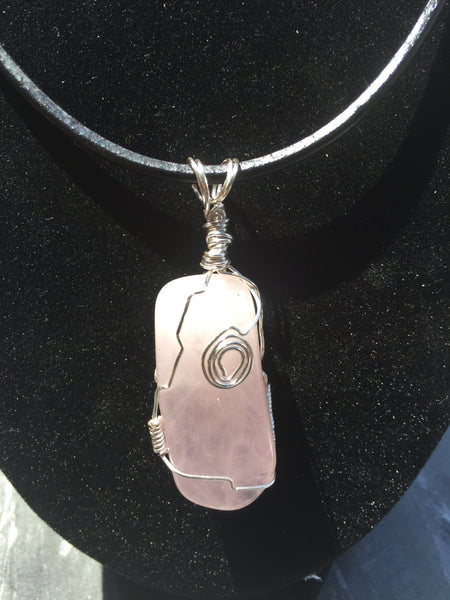 Snow quartz crystal, wrapped pendant, quartz gemstone, hand wire wrapped, on simple leather necklace