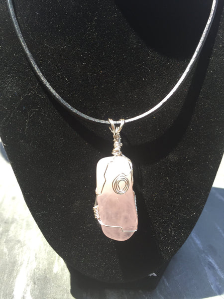 Snow quartz crystal, wrapped pendant, quartz gemstone, hand wire wrapped, on simple leather necklace