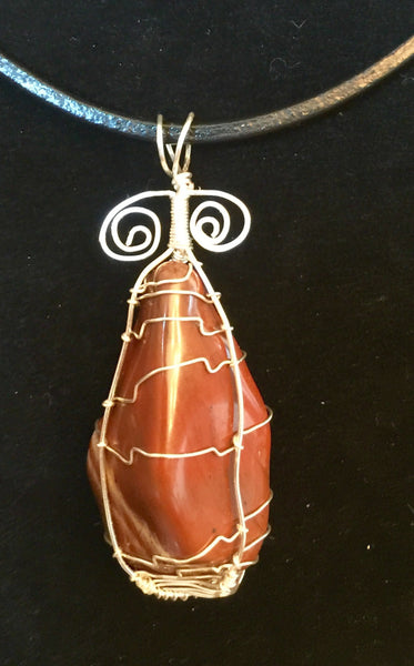 Red Jasper stone, cage wire wrapped pendant, natural polished gemstone, hand wire wrapped, on simple leather necklace