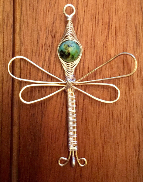 Dragonfly pendant, leather cord necklace, wire wrapped, turquoise gemstone bead detail. Handmade gift and unique look.