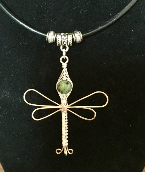 Dragonfly pendant, leather cord necklace, wire wrapped, turquoise gemstone bead detail. Handmade gift and unique look.