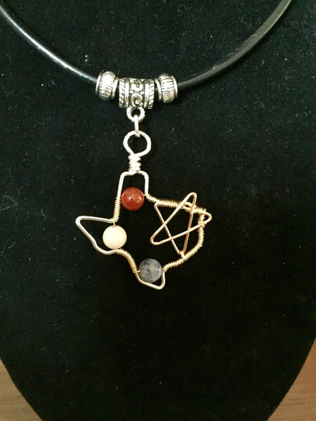 Texas pendant, on leather cord necklace, State of Texas, Lone Star, patriotic red white blue, Sodalite, Carnelian and Moonstone gemstones