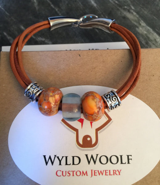 Leather cord bracelet, Boho natural leather, beaded orange marble and natural quartz center piece,