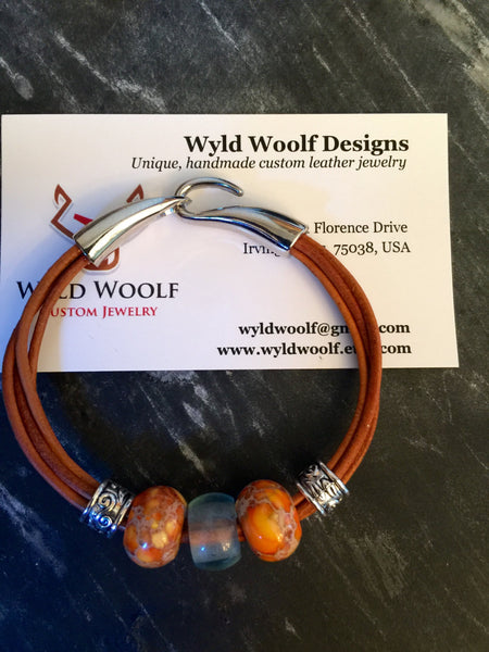 Leather cord bracelet, Boho natural leather, beaded orange marble and natural quartz center piece,