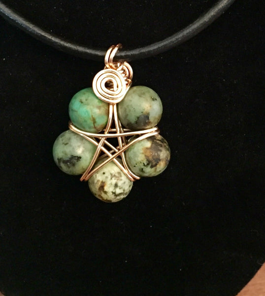 necklace and earring set, African turquoise and copper wrap. 5 pointed star design