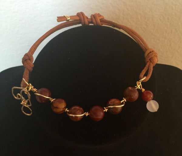 Leather boho bracelet, Picture Jasper gemstone beads, natural leather and copper