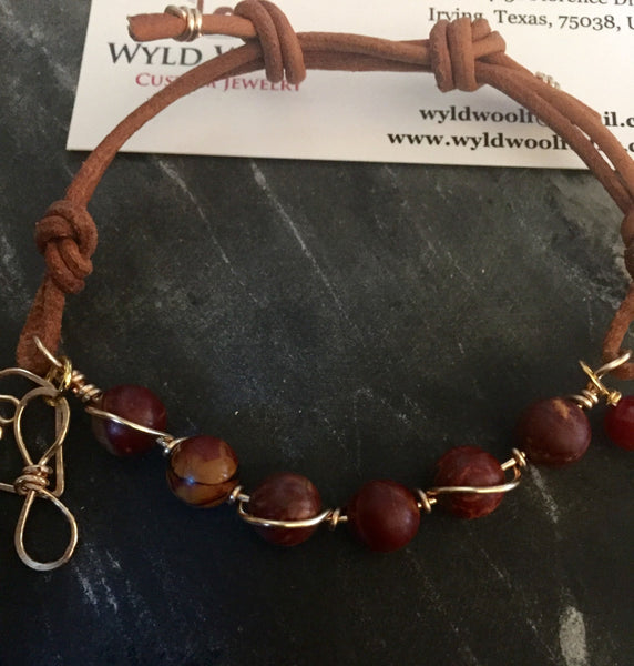 Leather boho bracelet, Picture Jasper gemstone beads, natural leather and copper