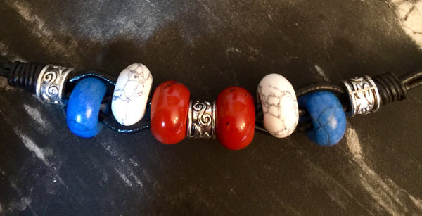 Patriotic leather cord bracelet, black leather, red white and blue, Jasper, Howlite and Royal blue Malachite gemstone beads,