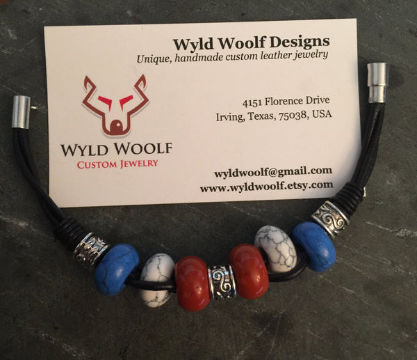 Patriotic leather cord bracelet, black leather, red white and blue, Jasper, Howlite and Royal blue Malachite gemstone beads,