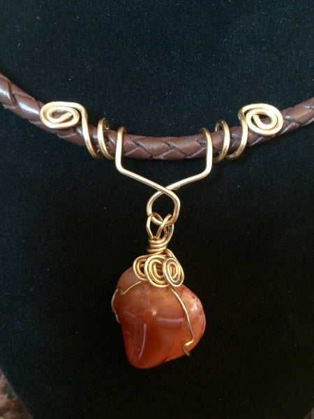 Leather choker, braided brown necklace, orange red Carnelian stone, copper wrapped with hook and eye fastener