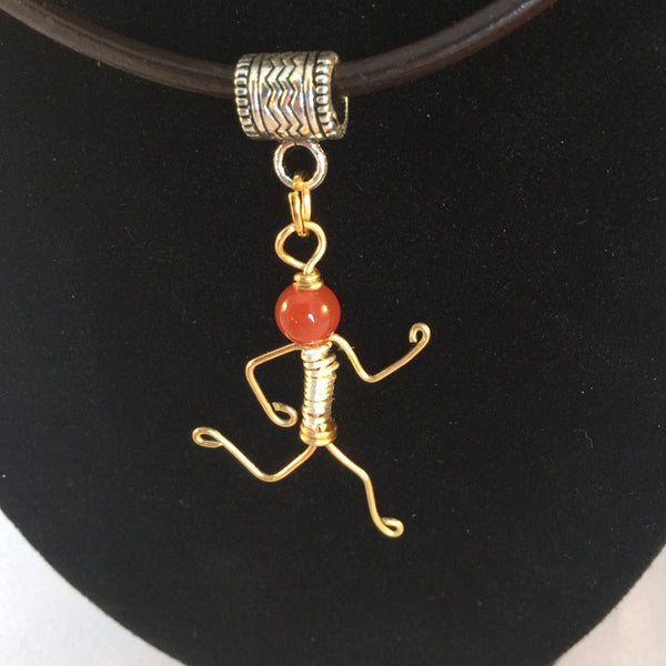 Running figure, red Carnelian bead, choker pendant, leather choker with magnetic clasp. Handmade pendant for runners.