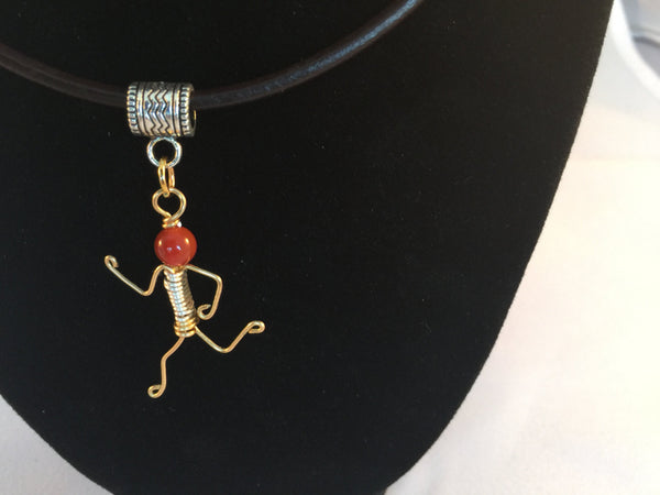 Running figure, red Carnelian bead, choker pendant, leather choker with magnetic clasp. Handmade pendant for runners.