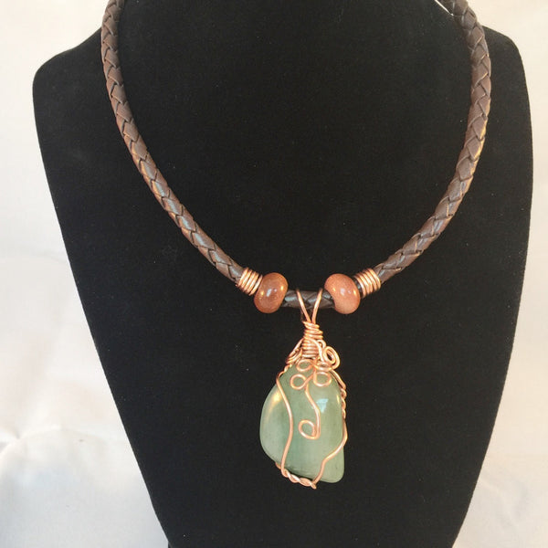 Aventurine Boho choker, wire wrapped pendant, green aventurine, red Goldstone gemstones, on braided leather necklace