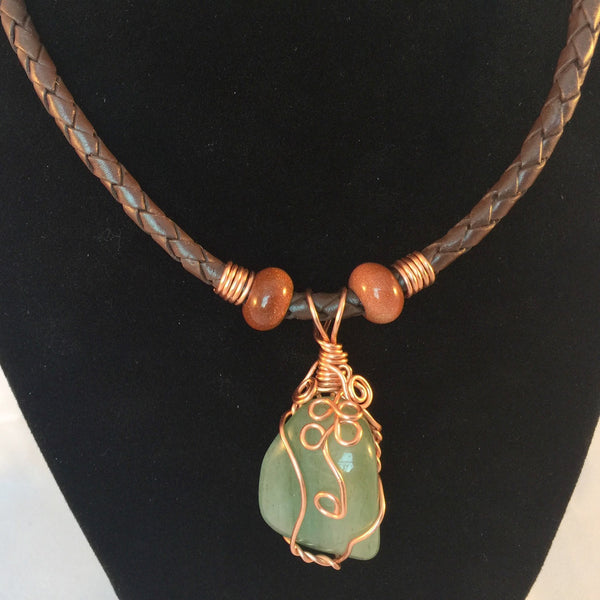 Aventurine Boho choker, wire wrapped pendant, green aventurine, red Goldstone gemstones, on braided leather necklace