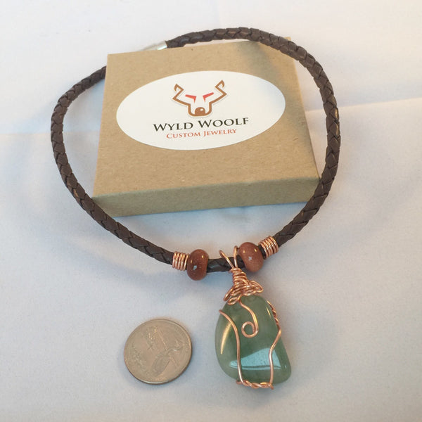 Aventurine Boho choker, wire wrapped pendant, green aventurine, red Goldstone gemstones, on braided leather necklace