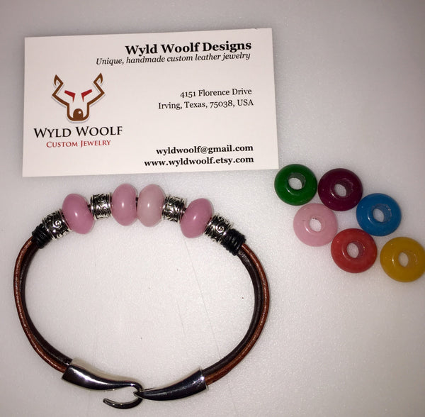 Pink jade and leather cord bracelet, handmade in the USA