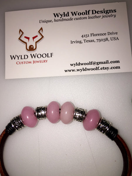 Pink jade and leather cord bracelet, handmade in the USA