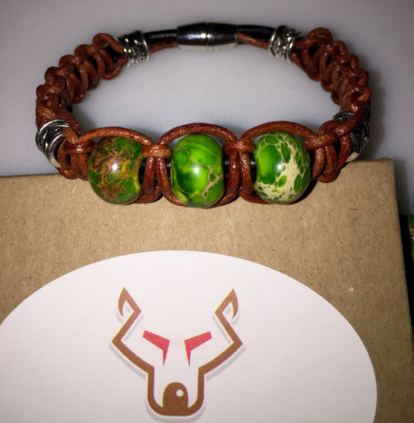 Green Bracelet, malachite gemstone, distressed brown, leather bracelet