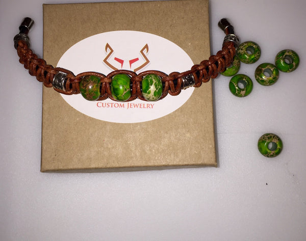 Green Bracelet, malachite gemstone, distressed brown, leather bracelet