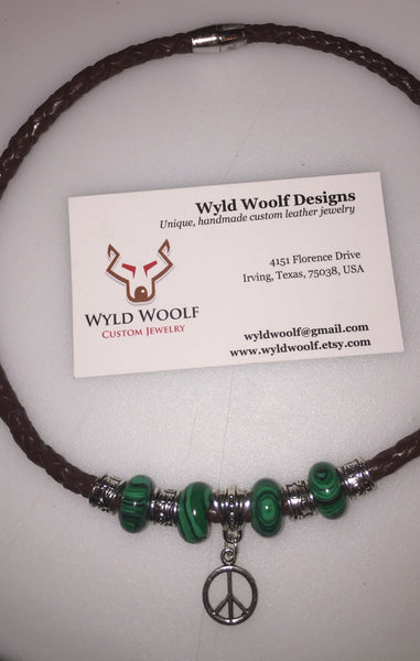 Choker necklace, brown leather, green malachite,  peace symbol pendant, beautiful necklace